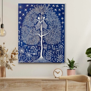 Warli Tribal Art Painting Blue Canvas Wall Art | Australian Folk Decor 80x100cm