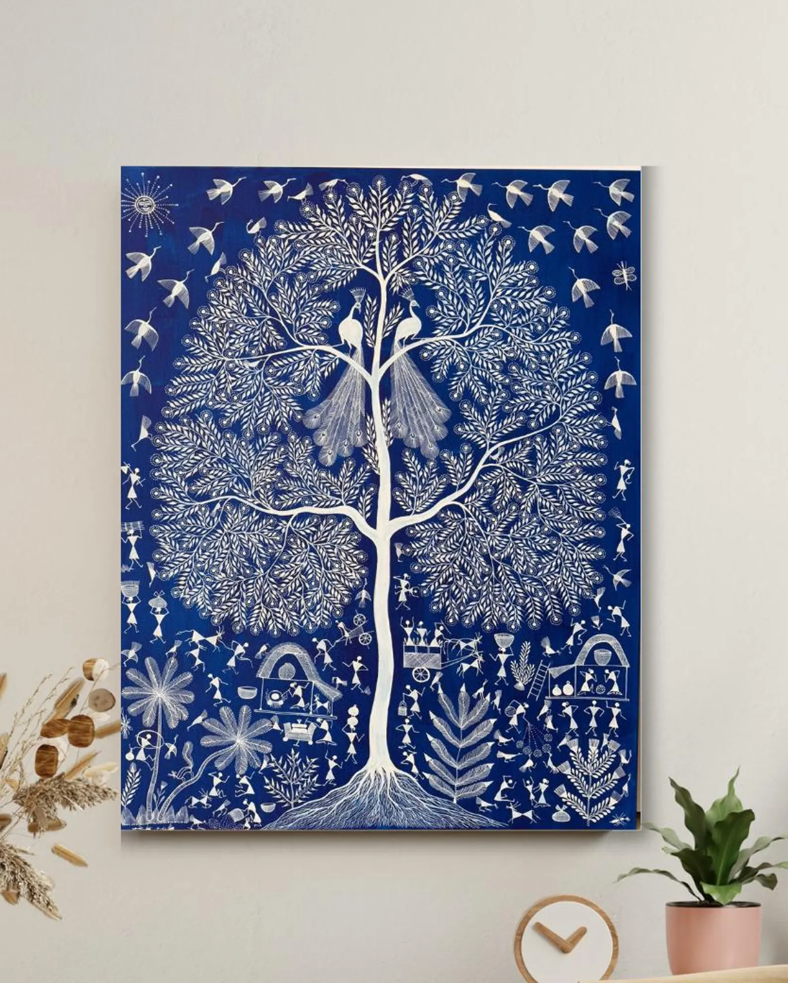 Warli Tribal Art Painting Blue Canvas Wall Art | Australian Folk Decor 80x100cm - Image 3