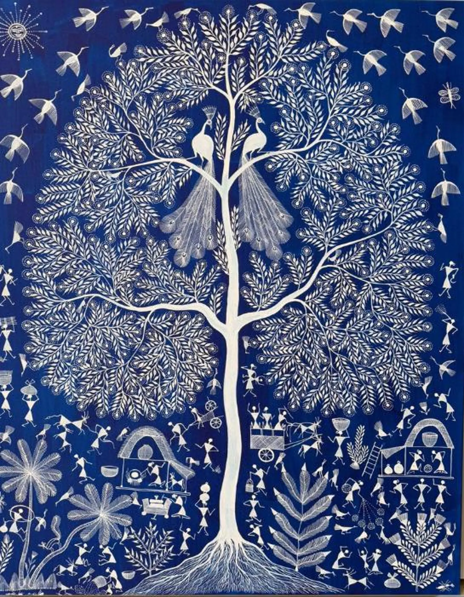 Warli Tribal Art Painting Blue Canvas Wall Art | Australian Folk Decor 80x100cm - Image 2