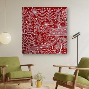Warli Tribal Art Painting Red Canvas Wall Art 80x80cm | Folk Decor