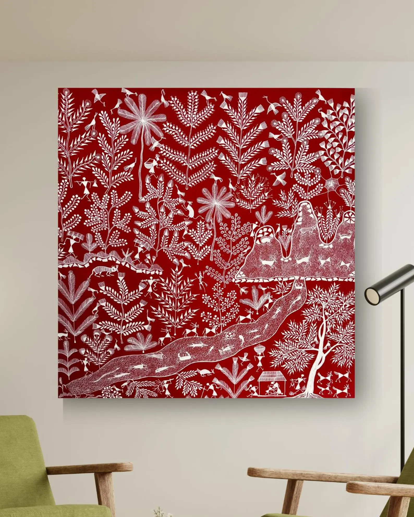 Warli Tribal Art Painting Red Canvas Wall Art 80x80cm | Folk Decor - Image 2