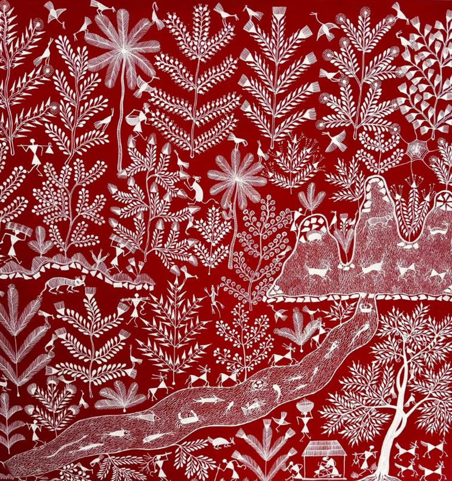 Warli Tribal Art Painting Red Canvas Wall Art 80x80cm | Folk Decor - Image 3
