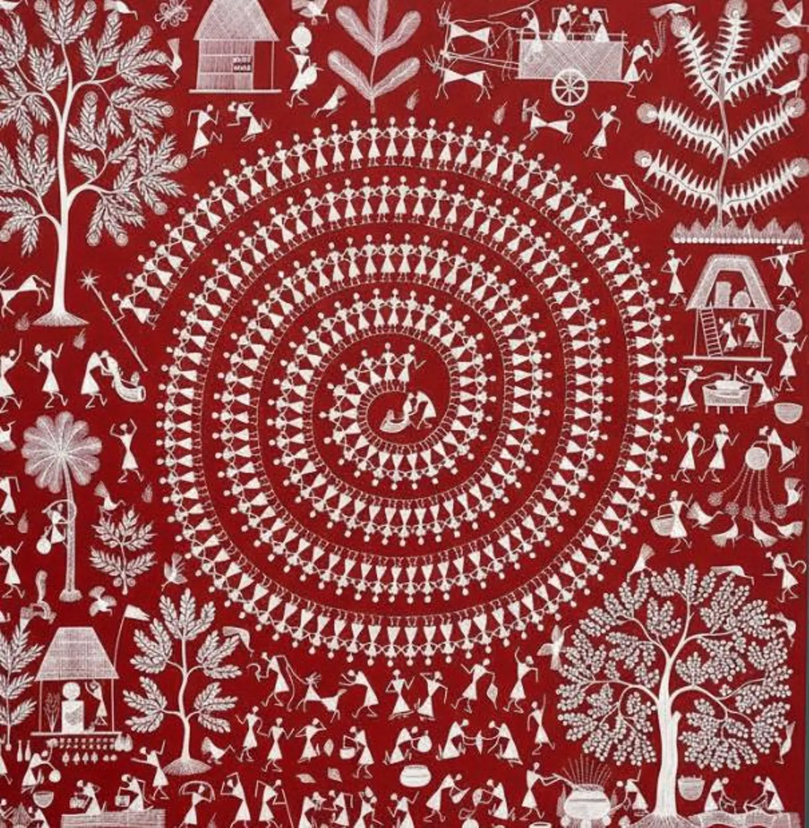 Warli Tribal Art Painting | Red Canvas Wall Art, Folk Decor (Ready to Hang) - Image 2