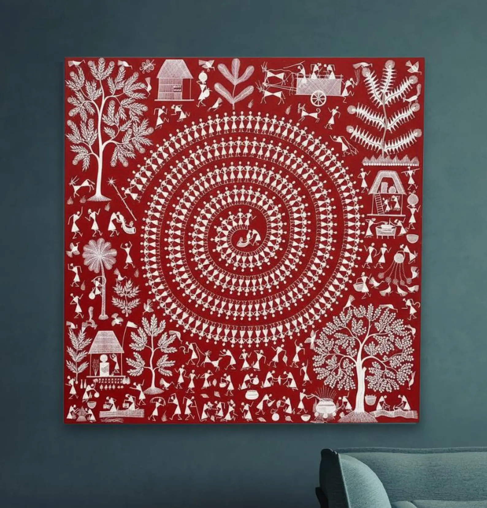 Warli Tribal Art Painting | Red Canvas Wall Art, Folk Decor (Ready to Hang) - Image 3