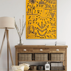 Warli Tribal Art Painting Yellow | Hand-Painted Canvas Wall Art (70x50cm)