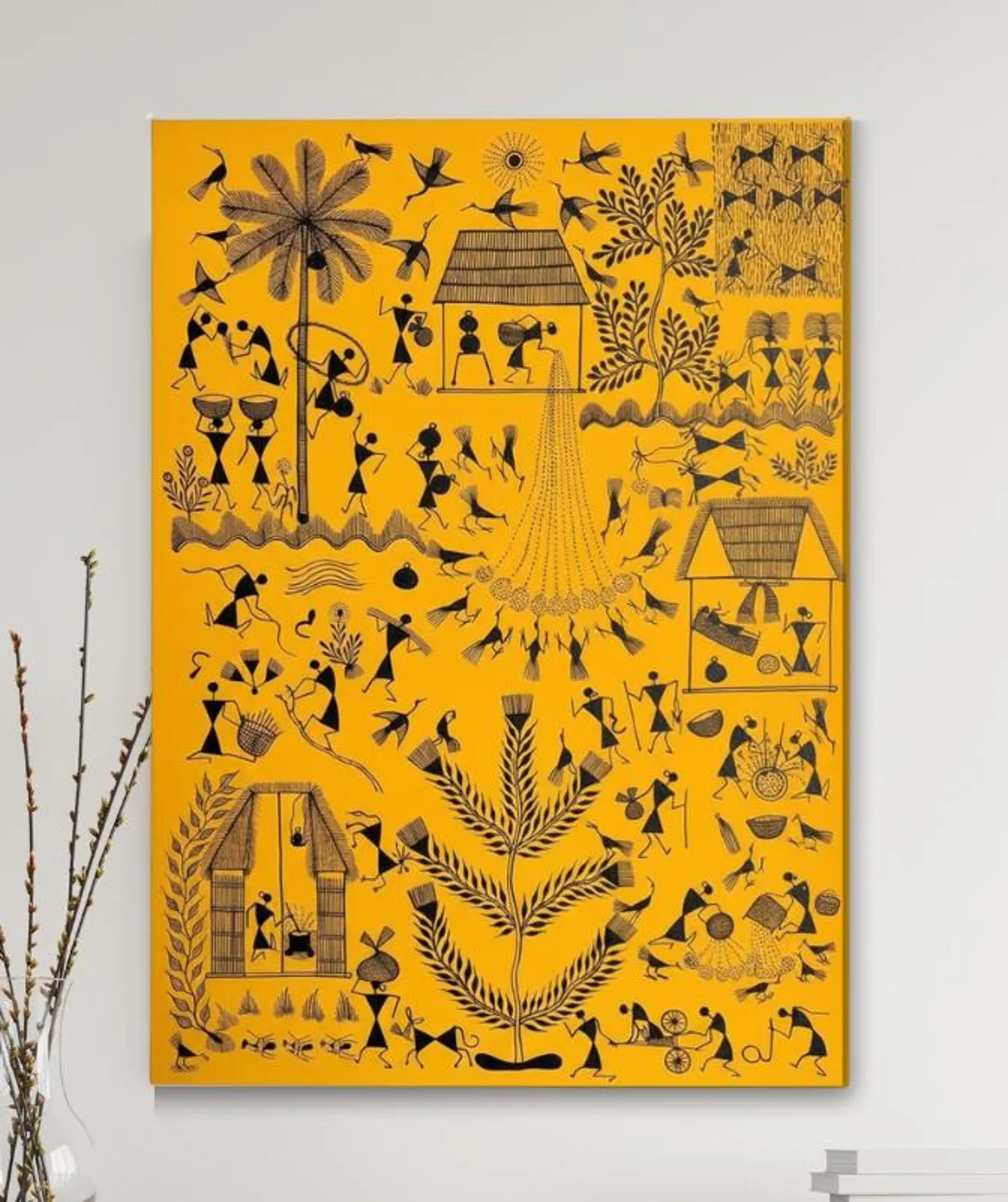 Warli Tribal Art Painting Yellow | Hand-Painted Canvas Wall Art (70x50cm) - Image 2