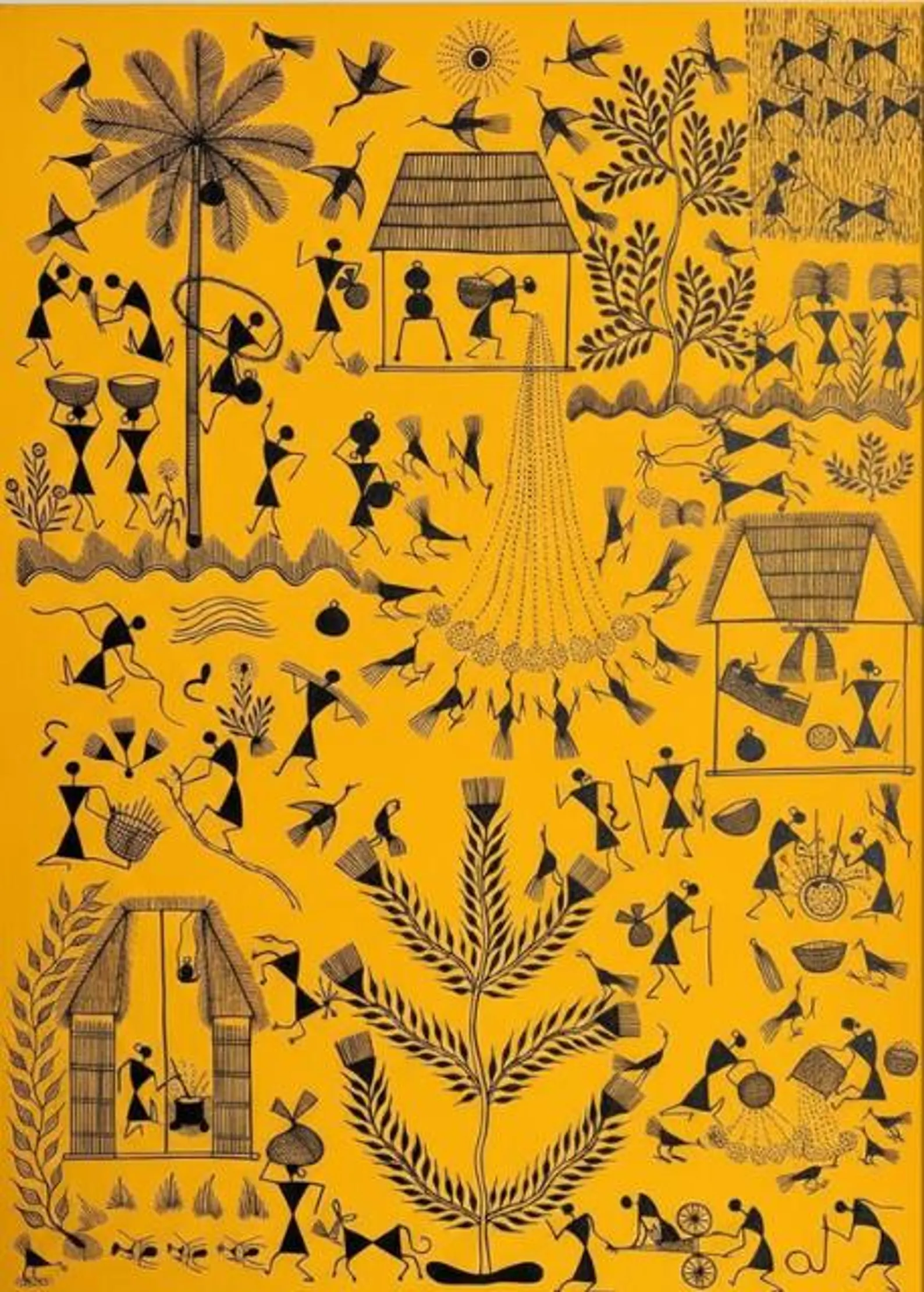 Warli Tribal Art Painting Yellow | Hand-Painted Canvas Wall Art (70x50cm) - Image 3