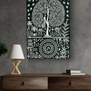Warli Tribal Canvas Painting | Green Hand-Painted Wall Art (50x70cm)