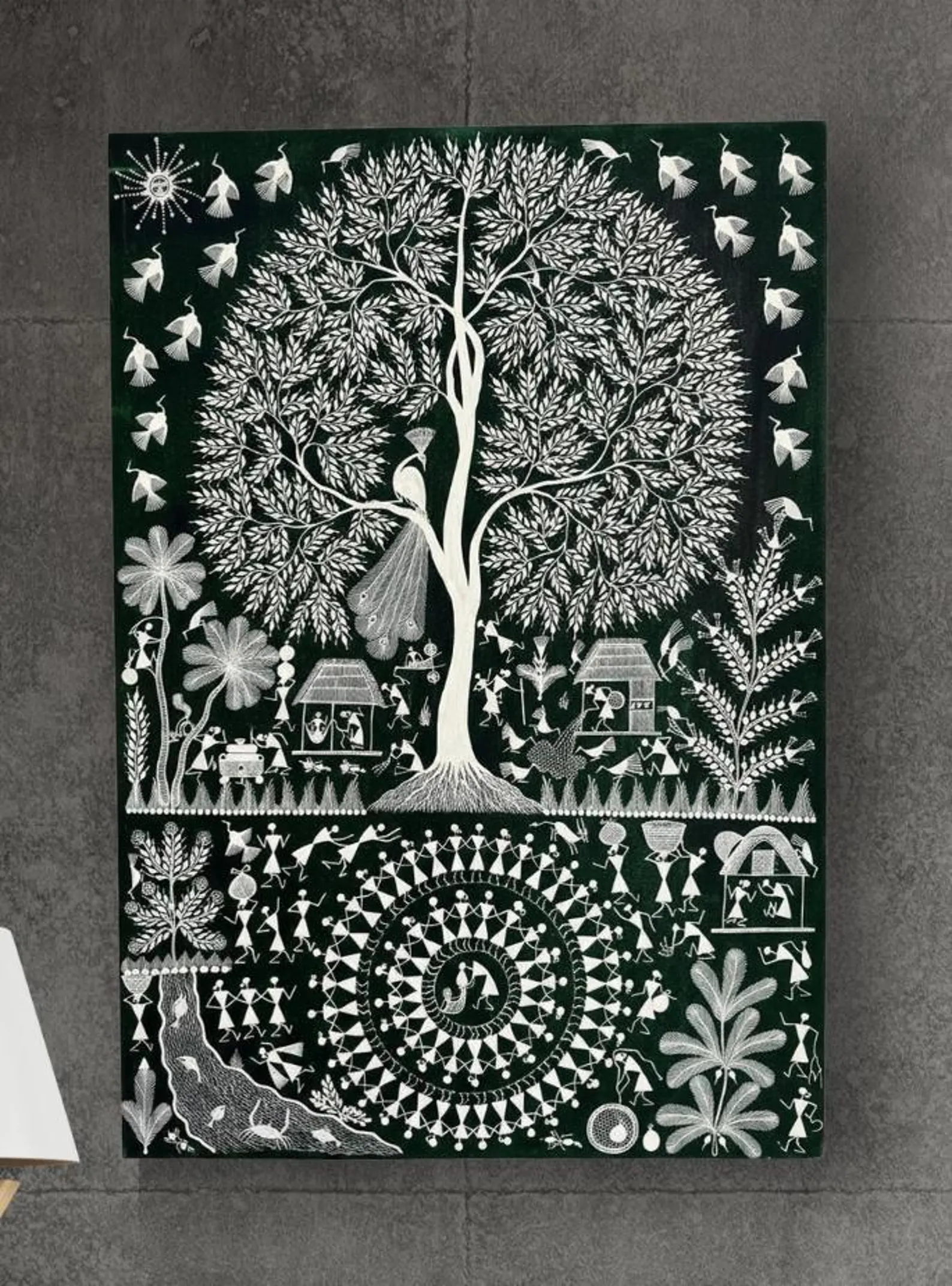 Warli Tribal Canvas Painting | Green Hand-Painted Wall Art (50x70cm) - Image 2