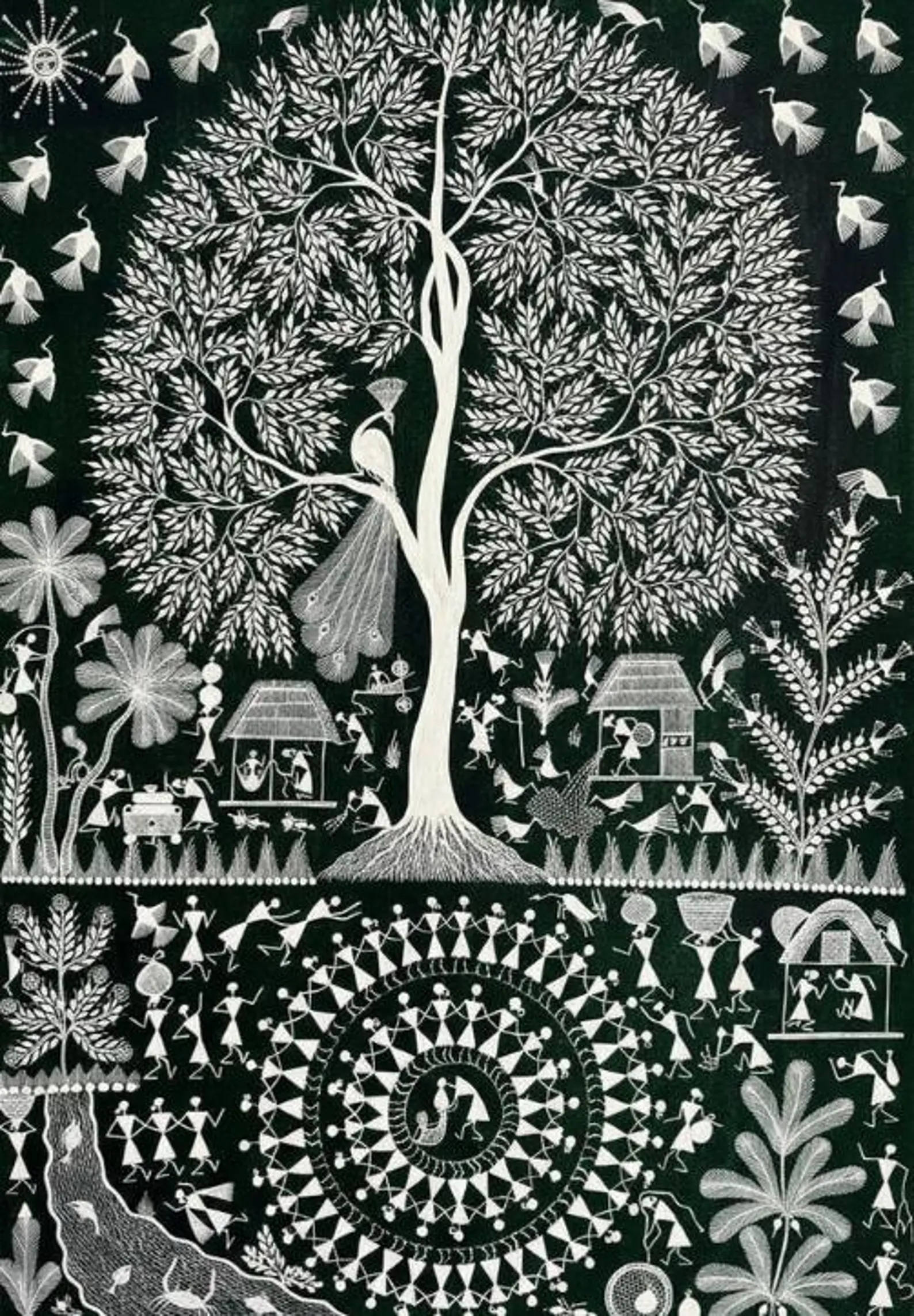 Warli Tribal Canvas Painting | Green Hand-Painted Wall Art (50x70cm) - Image 3
